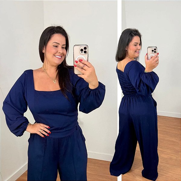 Conjunto Manga Longa Azul Marinho Plus Size