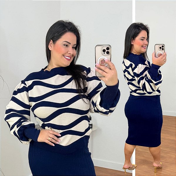 Blusa Punho Modal Azul Marinho Plus Size