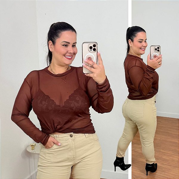 Blusa Tule Manga Longa Marrom Plus Size
