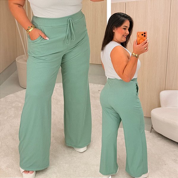 Calça Pantalona Canelada Veronica Verde Menta Plus Size