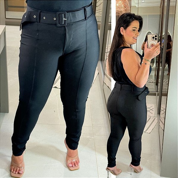 Calça Legging Suplex Premium Cinto Preta Plus Size