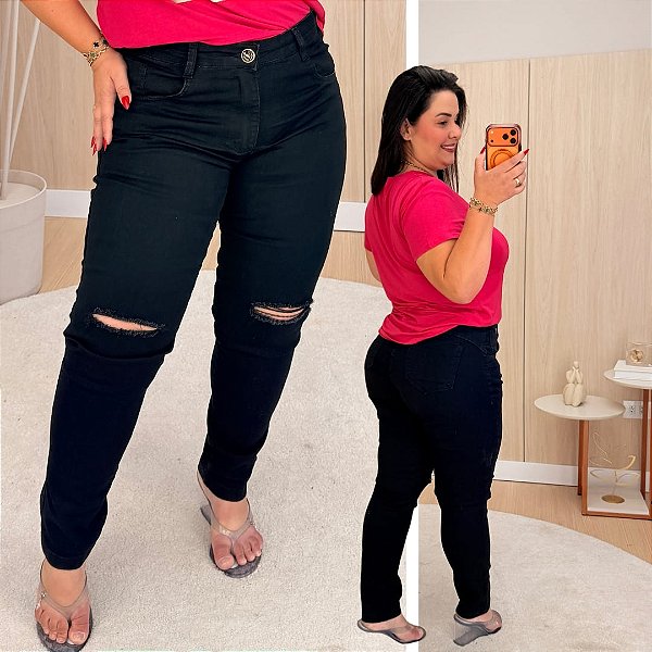 Calça Jeans Awa Estela Destroyed Preta Plus Size