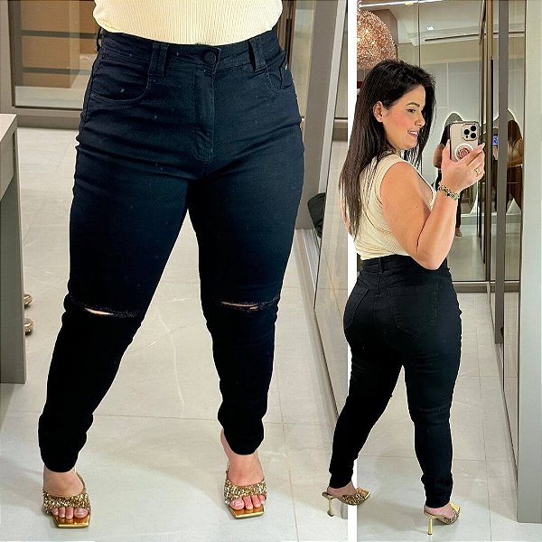Calça Jeans Awa Estela Destroyed Preta Plus Size