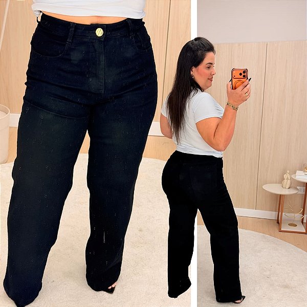 Calça Jeans Awa Duda Wide Leg Preta Plus Size