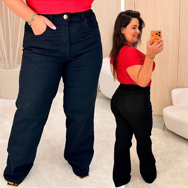 Calça Jeans Awa Duda Wide Leg Preta Plus Size