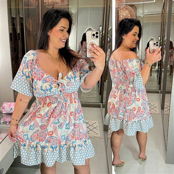 Vestido Susan Manga Branco Estampado Plus Size
