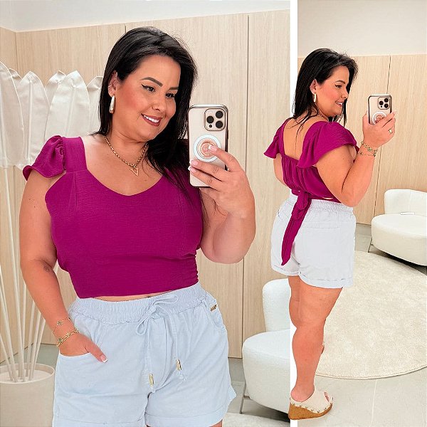 Cropped Alça Babado Fúcsia Plus Size