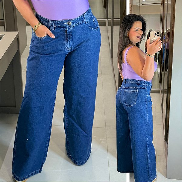 Calça Jeans FF Ingrid Wide Leg Escura Plus Size