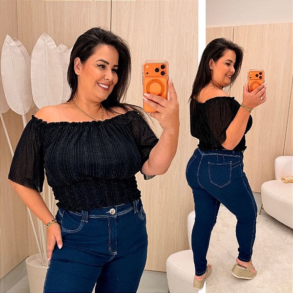 Cropped Tule Joana Preto Brilho Plus Size