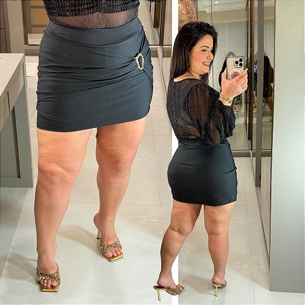 Short Saia Fivela Laiane Preto Plus Size