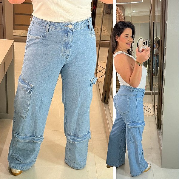 Calça Jeans PB Amélia Wide Leg Cargo Plus Size