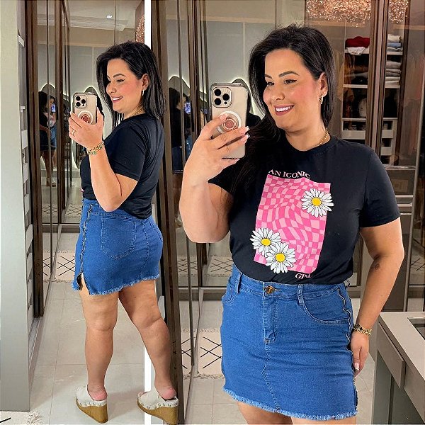 T shirt Algodão Margarida Preta Plus Size