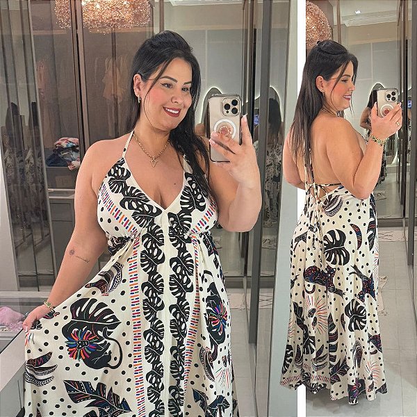 Vestido Lenço Adrieli Branco e Preto Plus Size