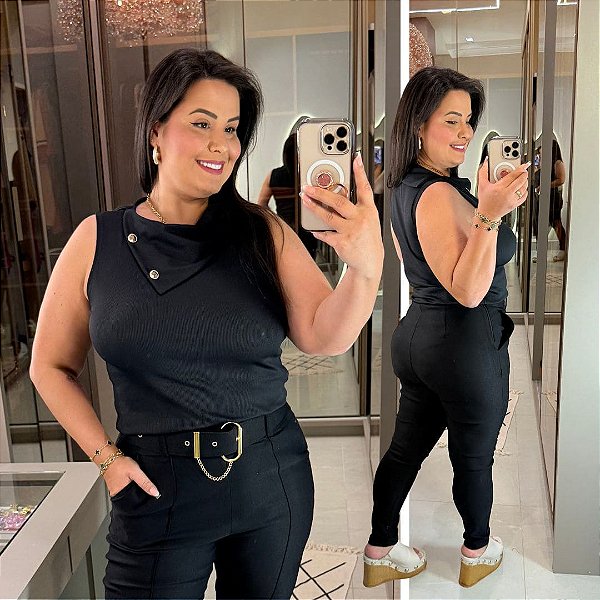 Blusa Botão Diana Preta Plus Size