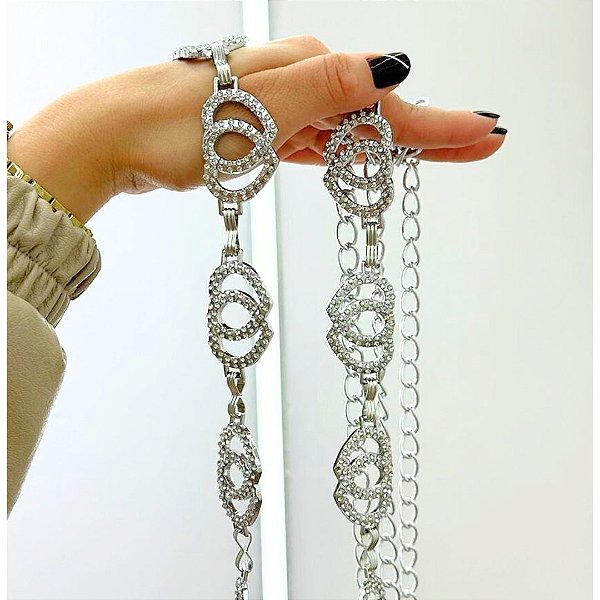 Cinto Duplo Coração Strass Prata Plus Size