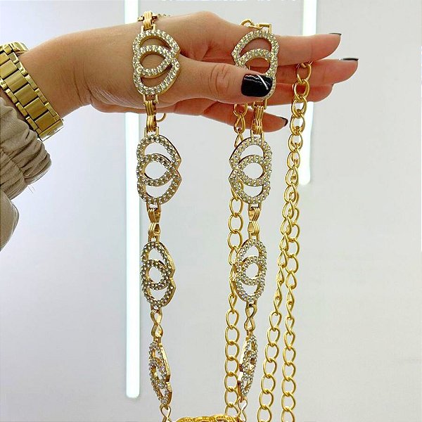 Cinto Duplo Coração Strass Dourado Plus Size