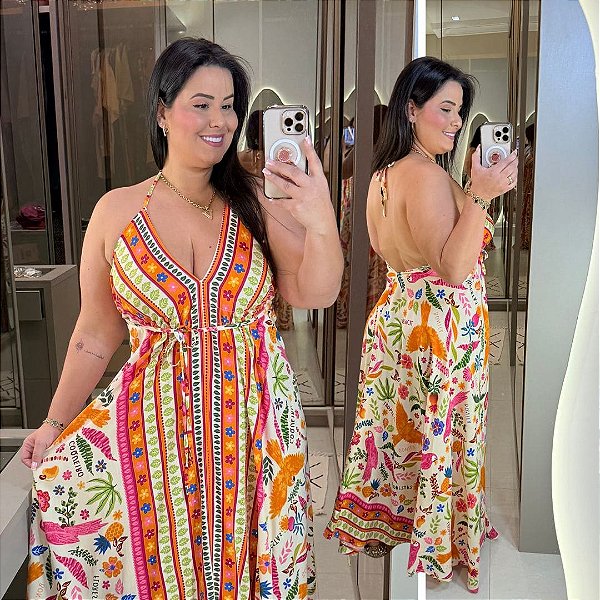 Vestido Lenço Adrieli Estampado Pássaro Plus Size