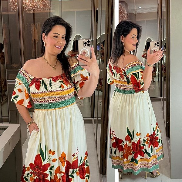 Vestido Penélope Branco Estampado Plus Size