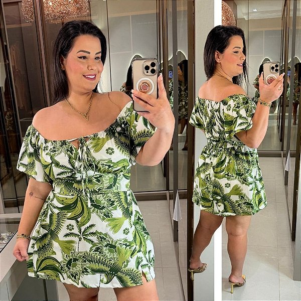 Macaquinho Andressa Verde Estampado Plus Size