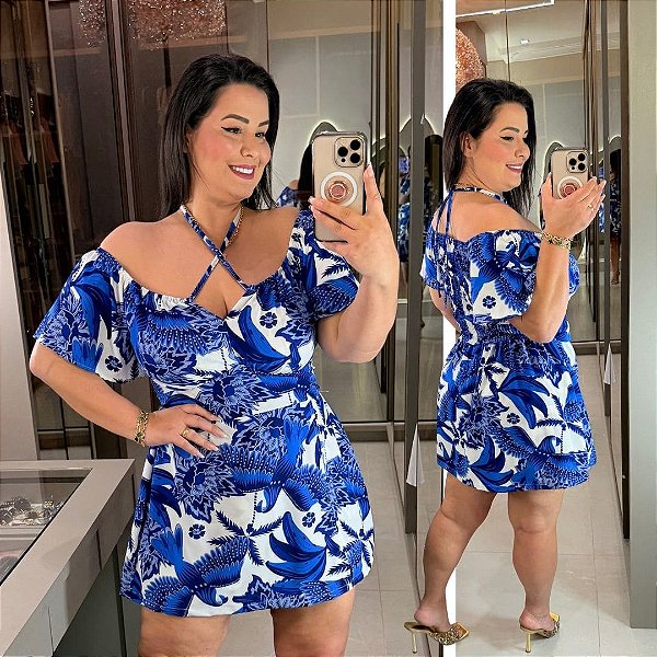 Macaquinho Andressa Azul Estampado Plus Size