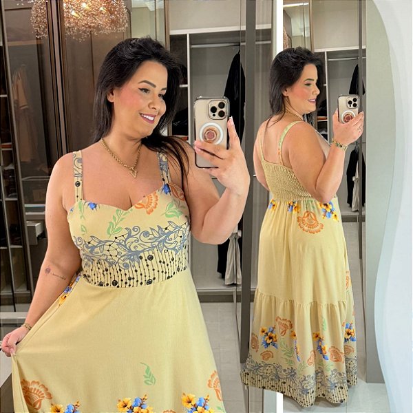 Vestido Alça Natalia Bege Estampado Plus Size