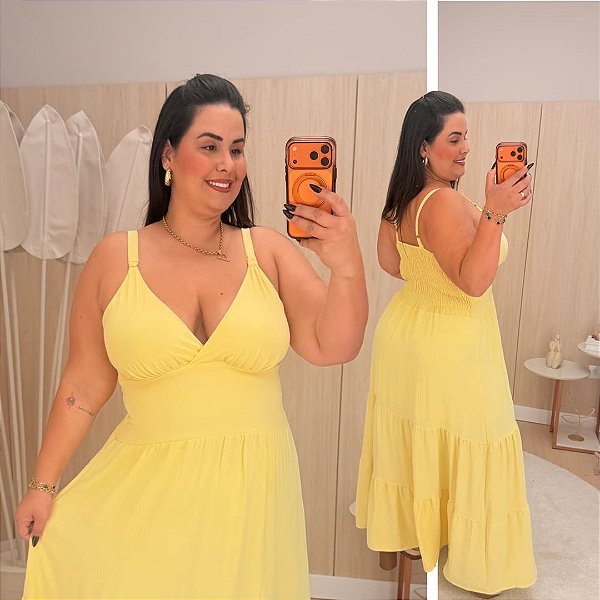 Vestido Alça Farm Liso Amarelo Plus Size