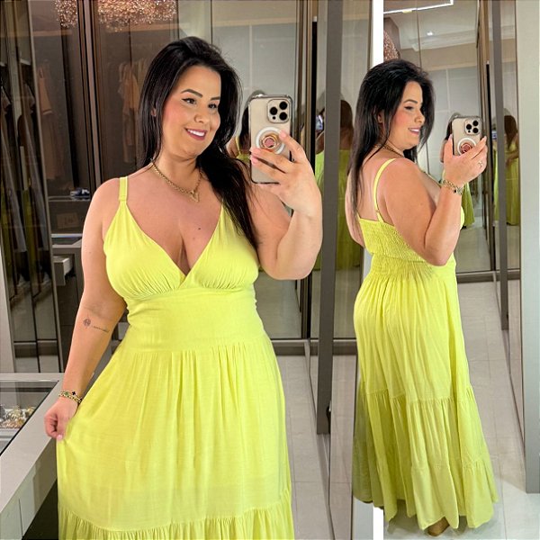 Vestido Alça Farm Liso Amarelo Plus Size