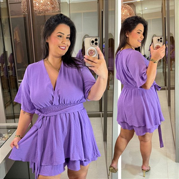 Macaquinho Manga Cindy Lilás Plus Size