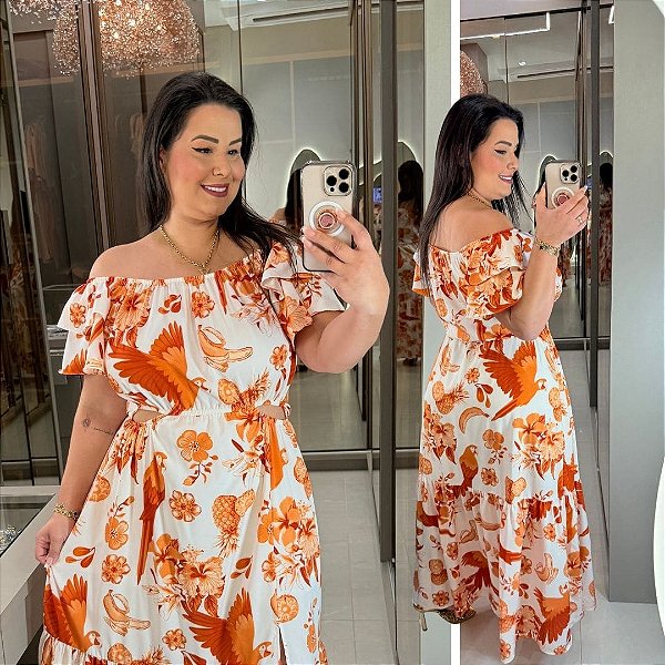 Vestido Anastasia Ciganinha Tropical Laranja Plus Size