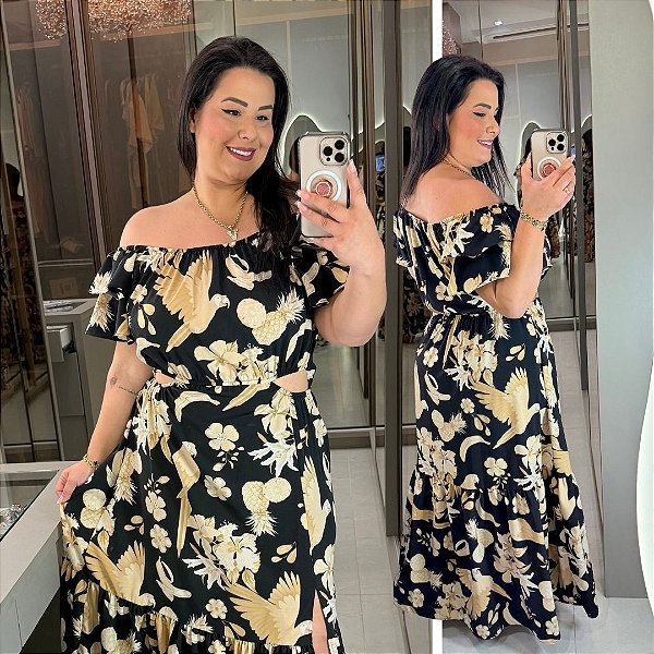 Vestido Anastasia Ciganinha Tropical Preto Plus Size