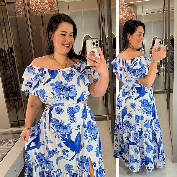 Vestido Anastasia Ciganinha Tropical Azul Plus Size