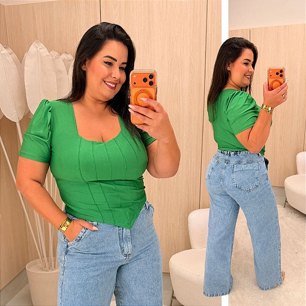 Blusa Corselet Manga Verde Plus Size
