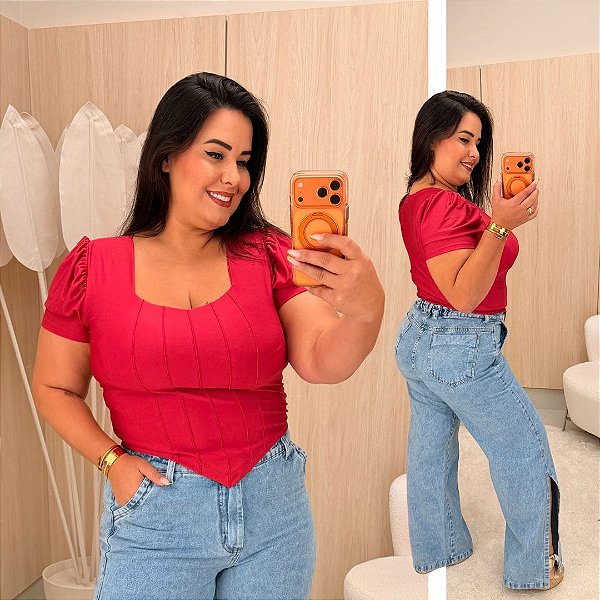 Blusa Corselet Manga Pink Plus Size