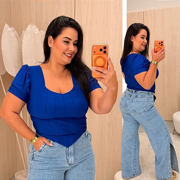 Blusa Corselet Manga Azul Bic Plus Size