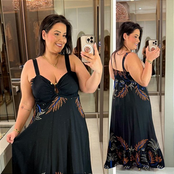 Vestido Aro Farm Preto Estampado Plus Size