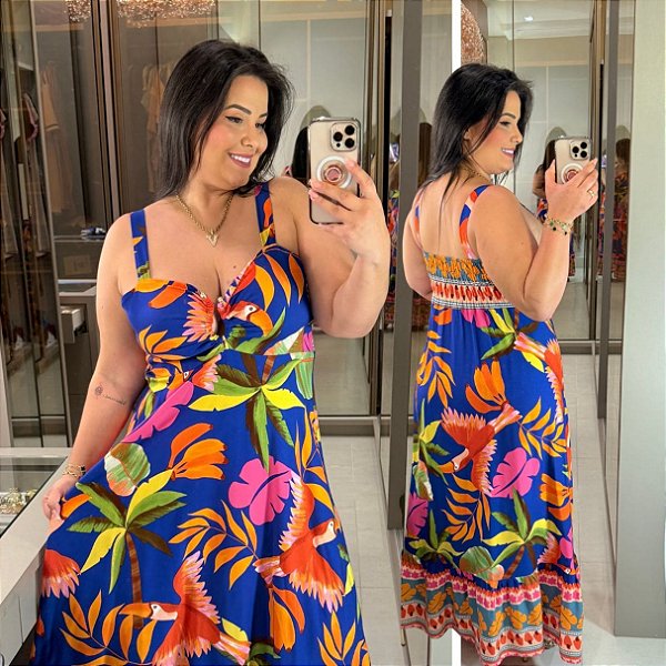 Vestido Aro Farm Azul Estampado Plus Size