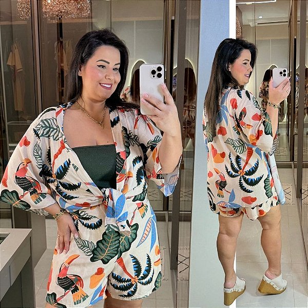 Conjunto Kimono Bege Estampado Plus Size