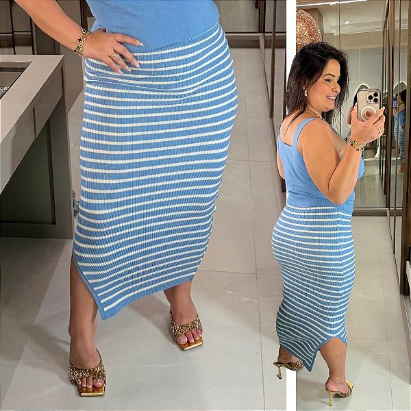 Saia Modal Azul Listra Plus Size