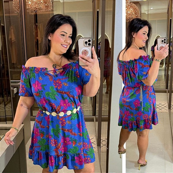 Vestido Ciganinha Azul Floral Plus Size