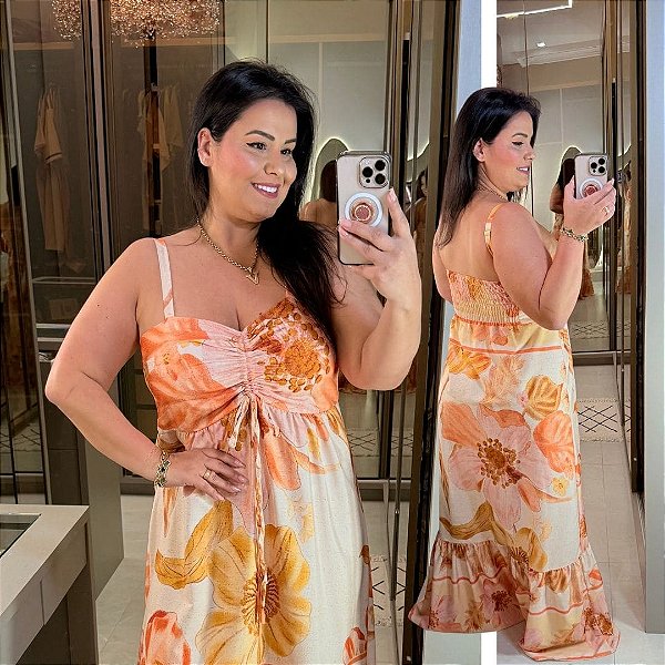 Vestido Longo Nati Floral Laranja Plus Size