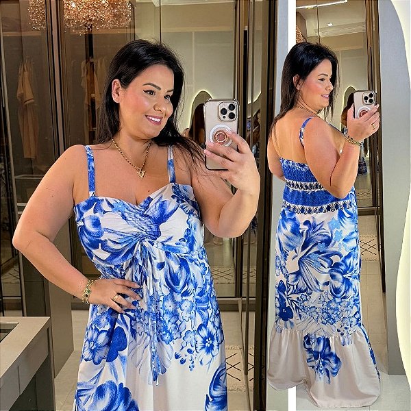 Vestido Longo Nati Floral Azul Plus Size