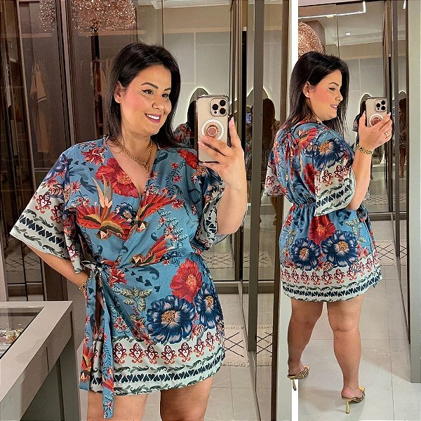 Macaquinho Marli Azul Estampado Plus Size