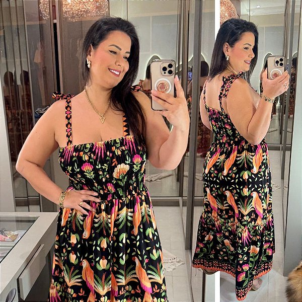 Vestido Alça Pâmela Tropical Preto e Rosa Plus Size