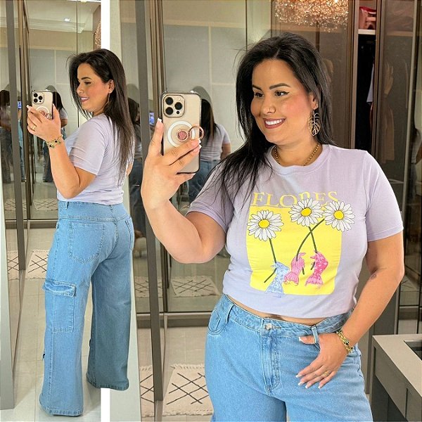 T shirt Algodão Lilás Flores Plus Size