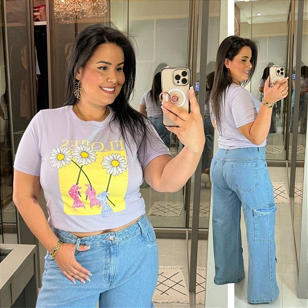 T shirt Algodão Lilás Flores Plus Size