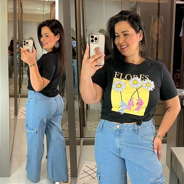 T shirt Algodão Preta Flores Plus Size