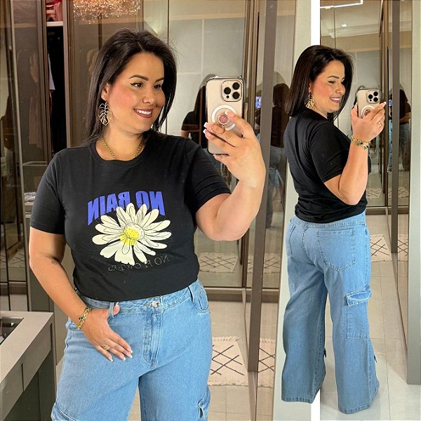 T shirt Algodão Preta Flor Branca Plus Size