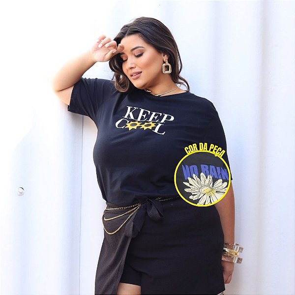 T shirt Algodão Preta Flor Branca Plus Size