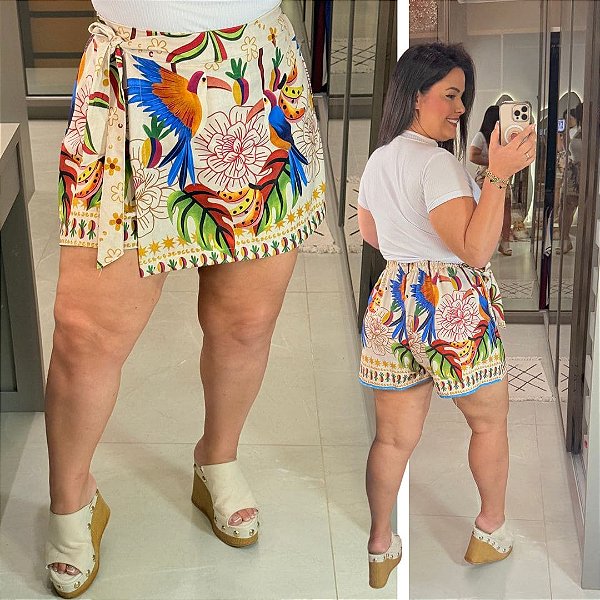 Short Saia Duda Tropical Pássaro Plus Size