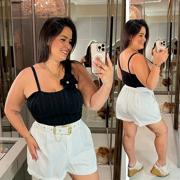 Cropped Flor Ribana Preto Plus Size